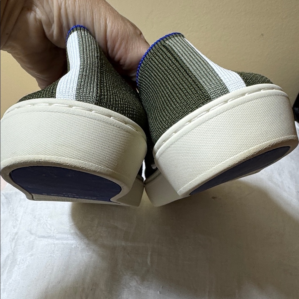 Rothy's Olive Slip-On Shoes with Blue Trim - Picture 15 of 16